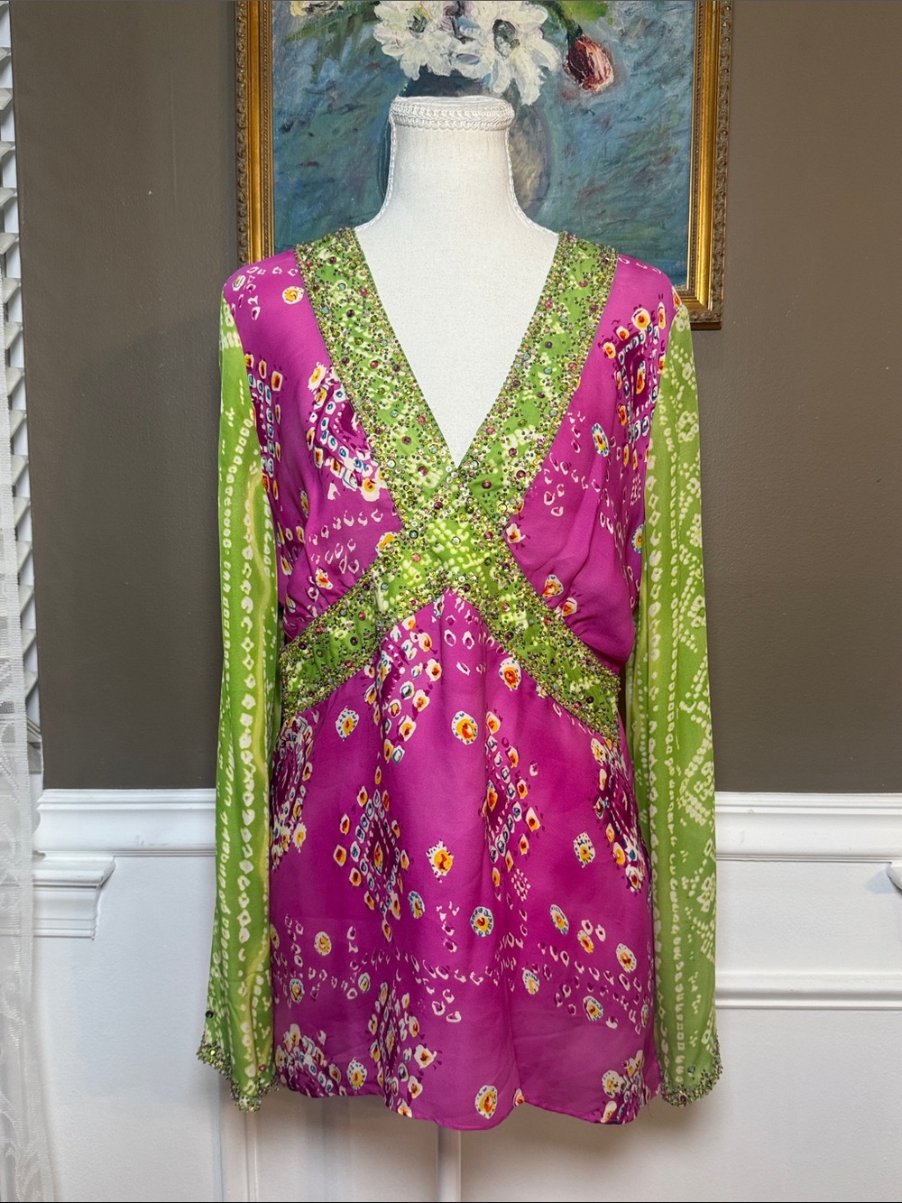 ECI New York Y2K Silk Beaded Blouse Pink Green Size 12 NWT